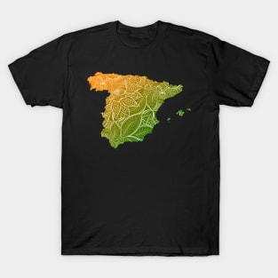 Colorful mandala art map of Spain with text in green and orange T-Shirt